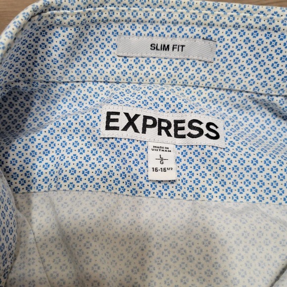 Express Shirt Mens Large White Blue Geometric Button Up Preppy Classiccore Dad - Picture 3 of 6